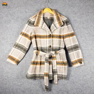Chico's Trench Coat Gray White Wool Blend Plaid Belted Women's Size 8/10